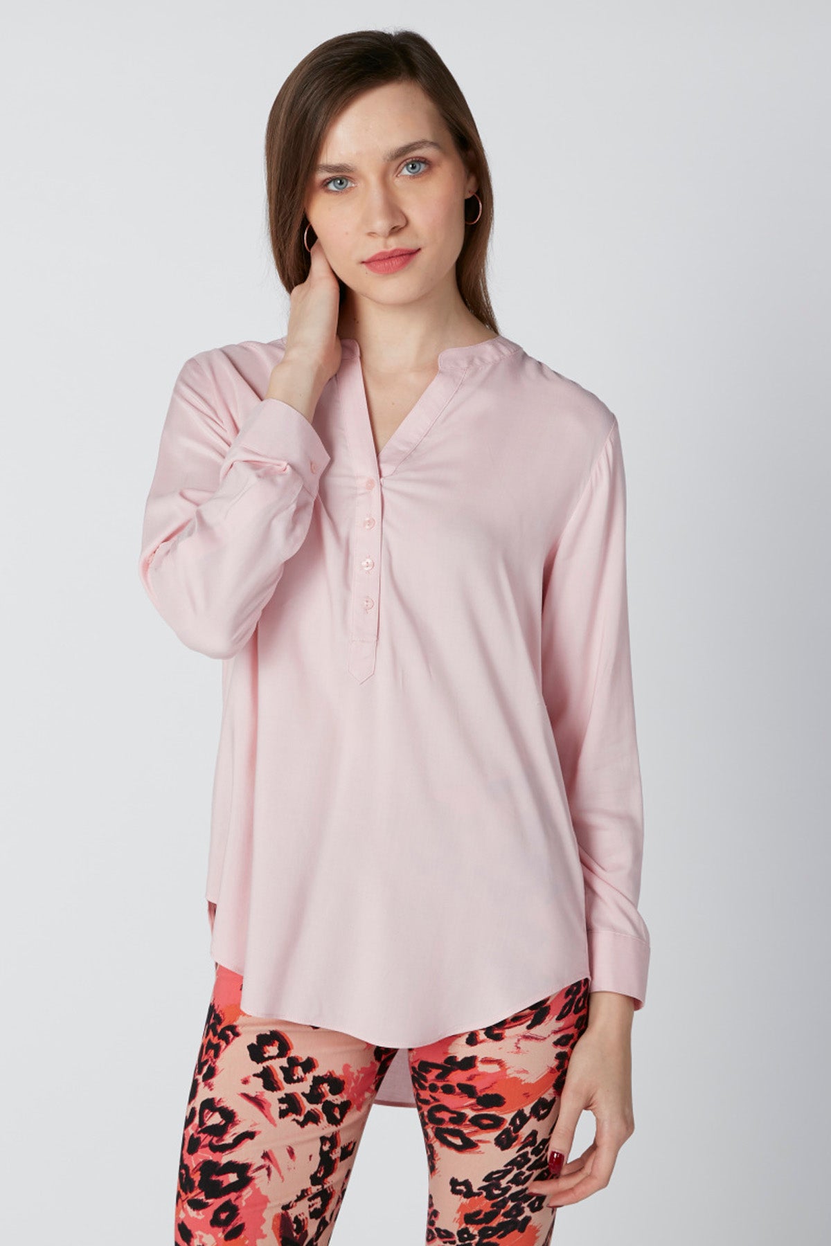 Longline Shirt with Mandarin Collar and Long Sleeves