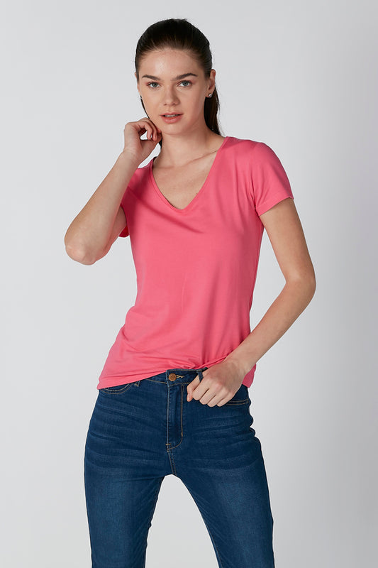 Plain T-shirt with V-neck and Short Sleeves