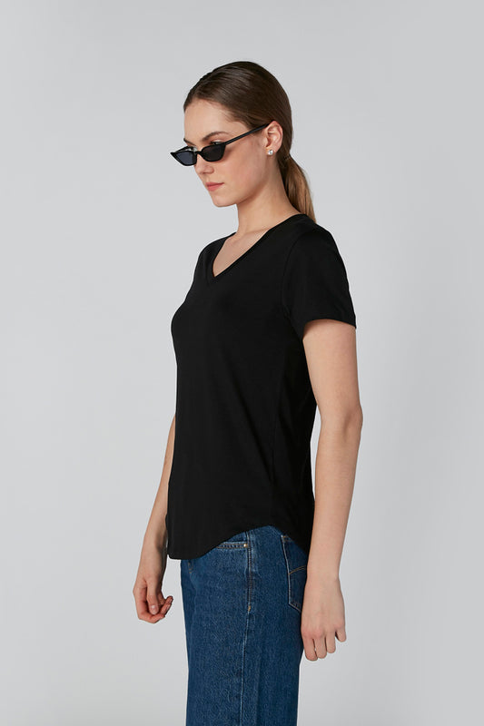 Solid T-shirt with V-neck and Short Sleeves