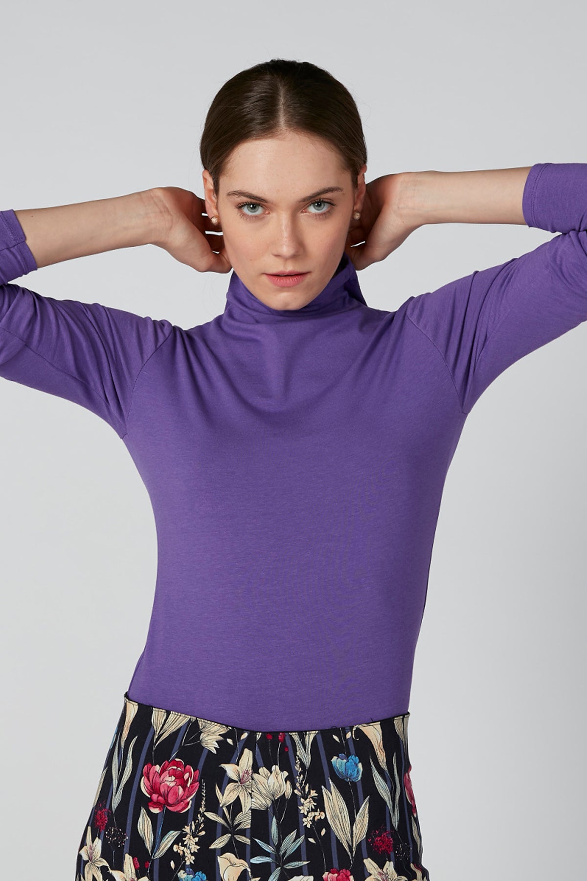 Solid T-shirt with High Neck and Long Sleeves