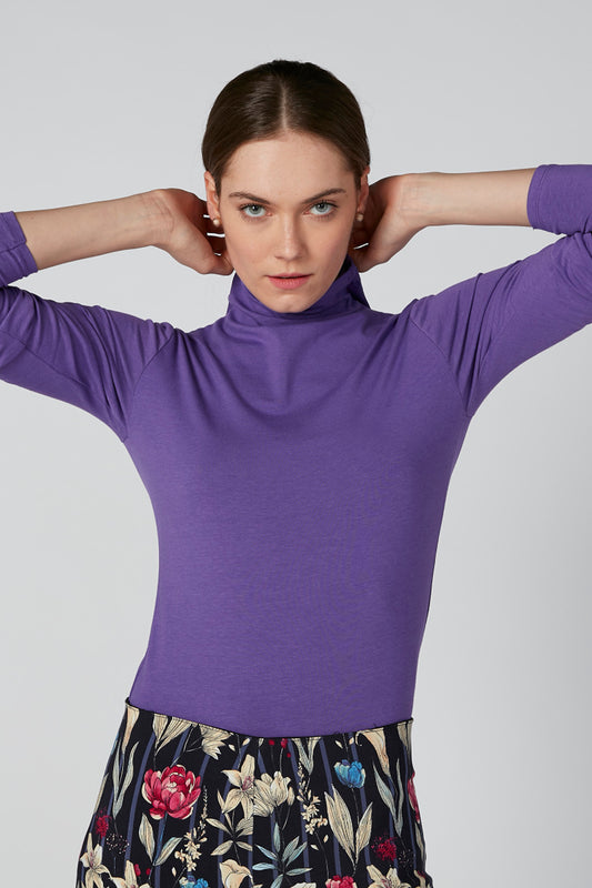 Solid T-shirt with High Neck and Long Sleeves