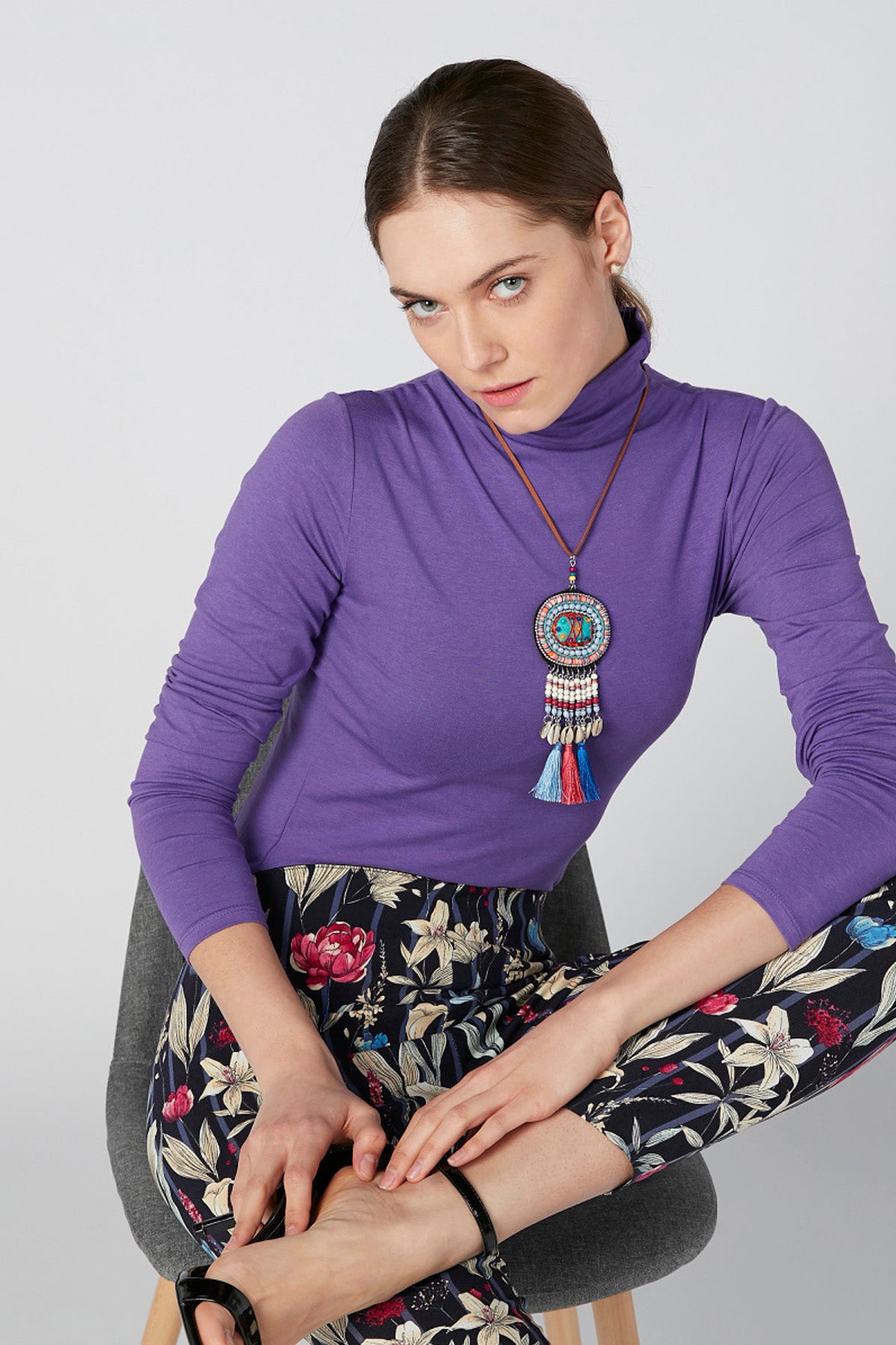 Solid T-shirt with High Neck and Long Sleeves