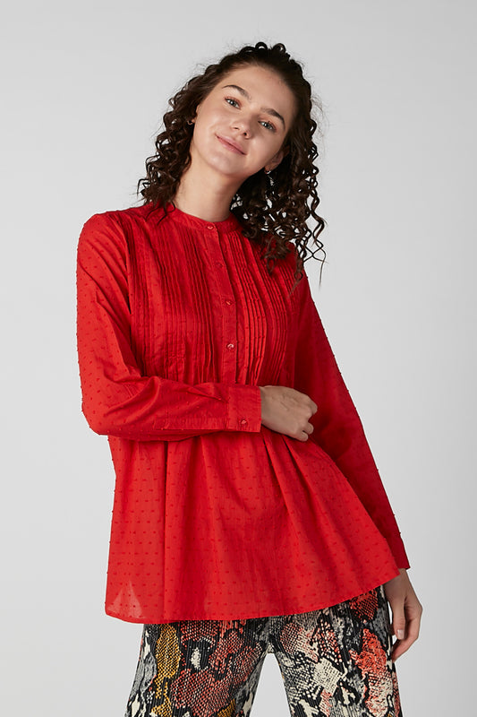 Textured Top with Mandarin Collar and Long Sleeves