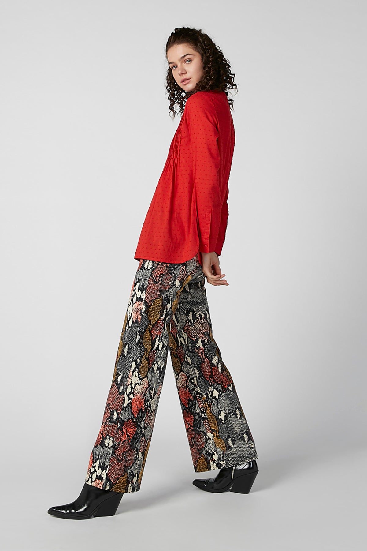 Textured Top with Mandarin Collar and Long Sleeves