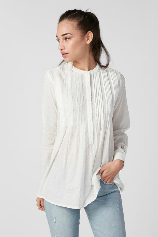 Textured Top with Mandarin Collar and Long Sleeves