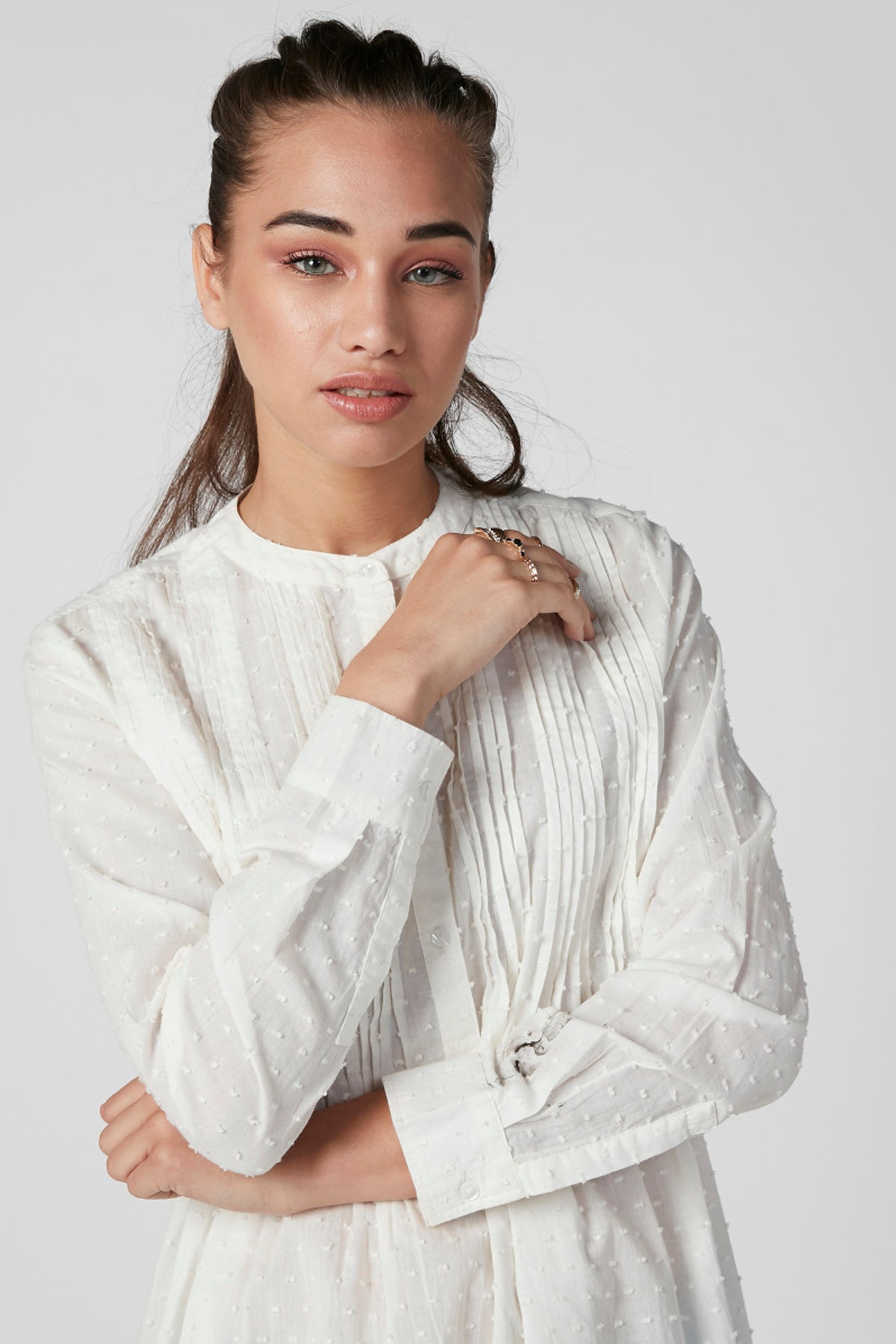 Textured Top with Mandarin Collar and Long Sleeves