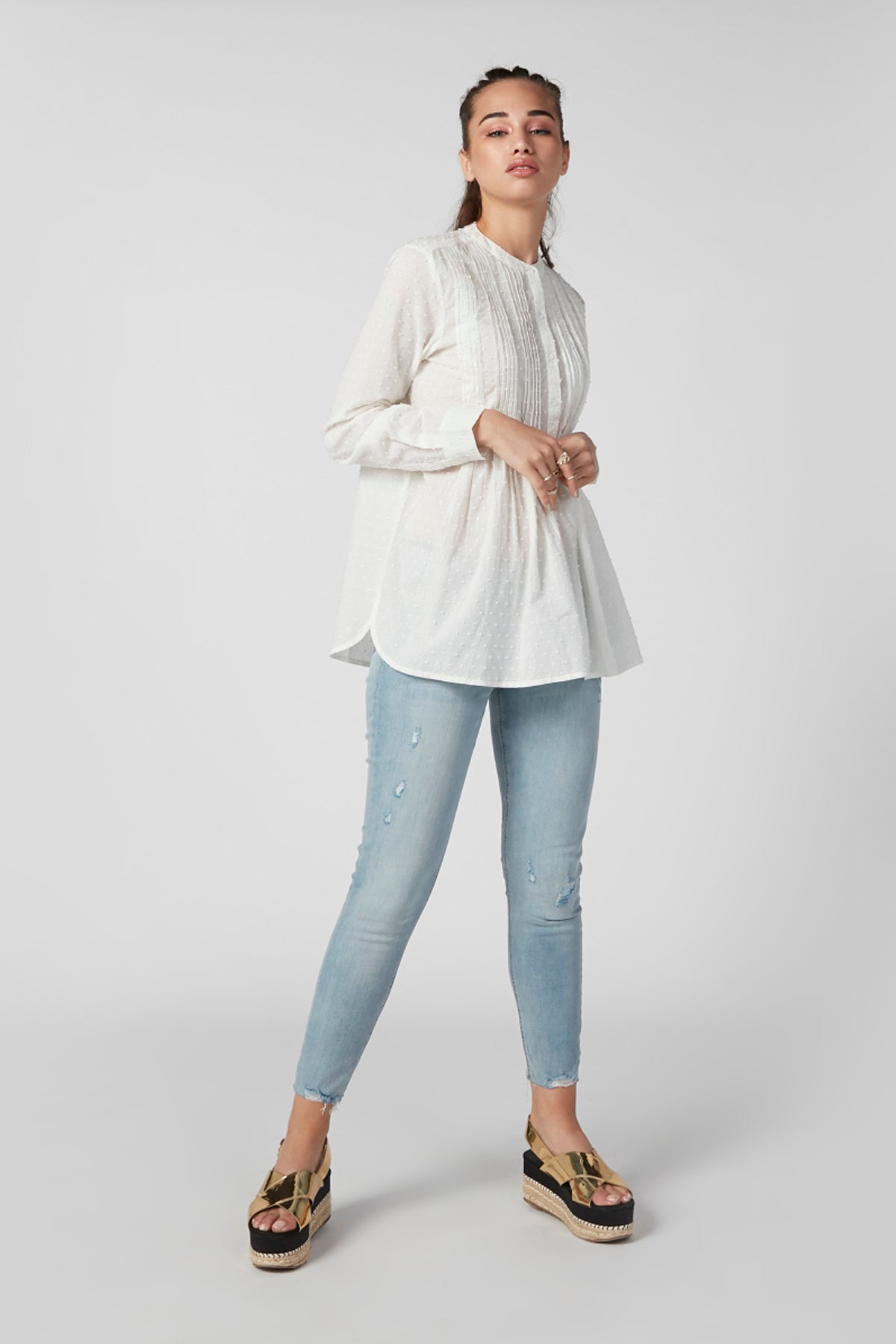 Textured Top with Mandarin Collar and Long Sleeves