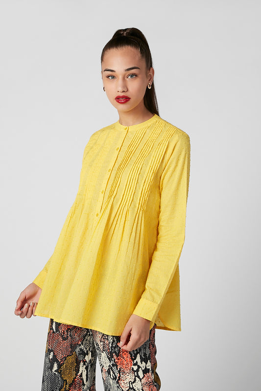 Textured Top with Mandarin Collar and Long Sleeves
