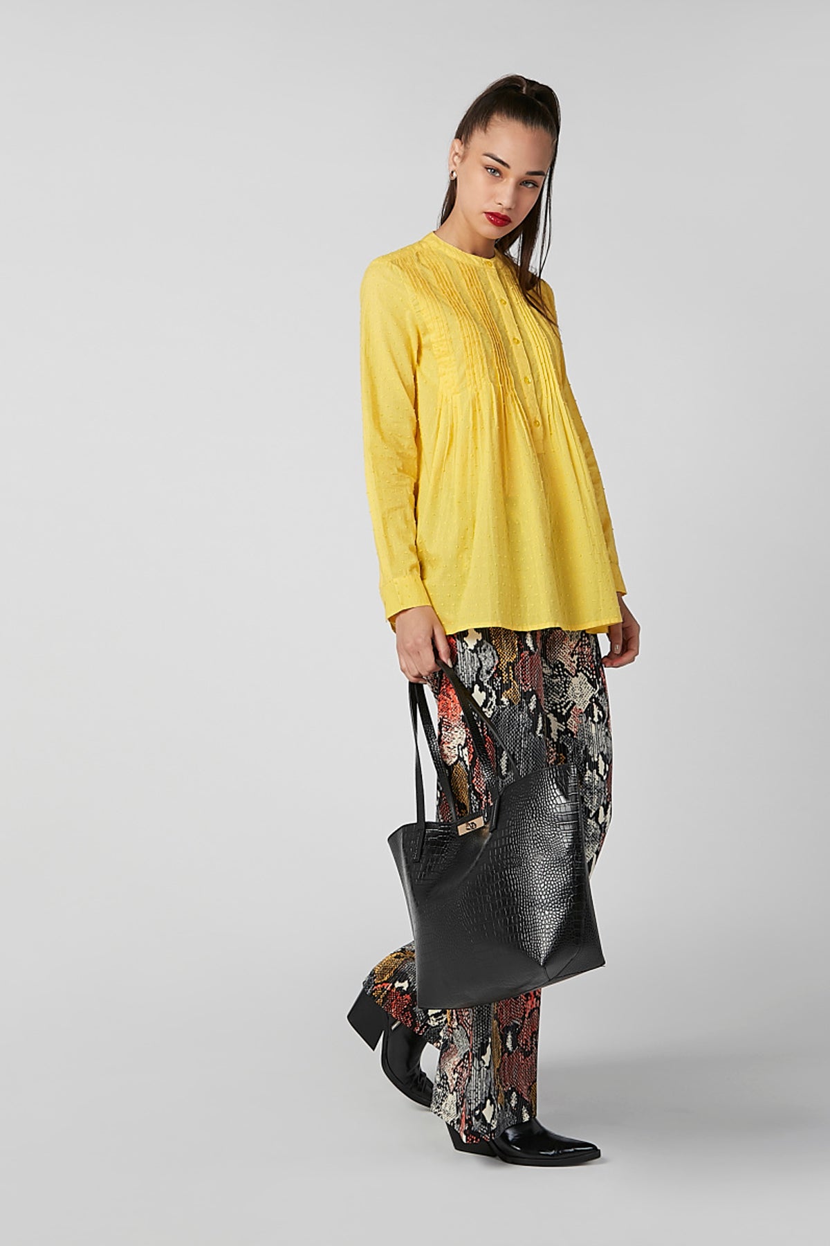 Textured Top with Mandarin Collar and Long Sleeves