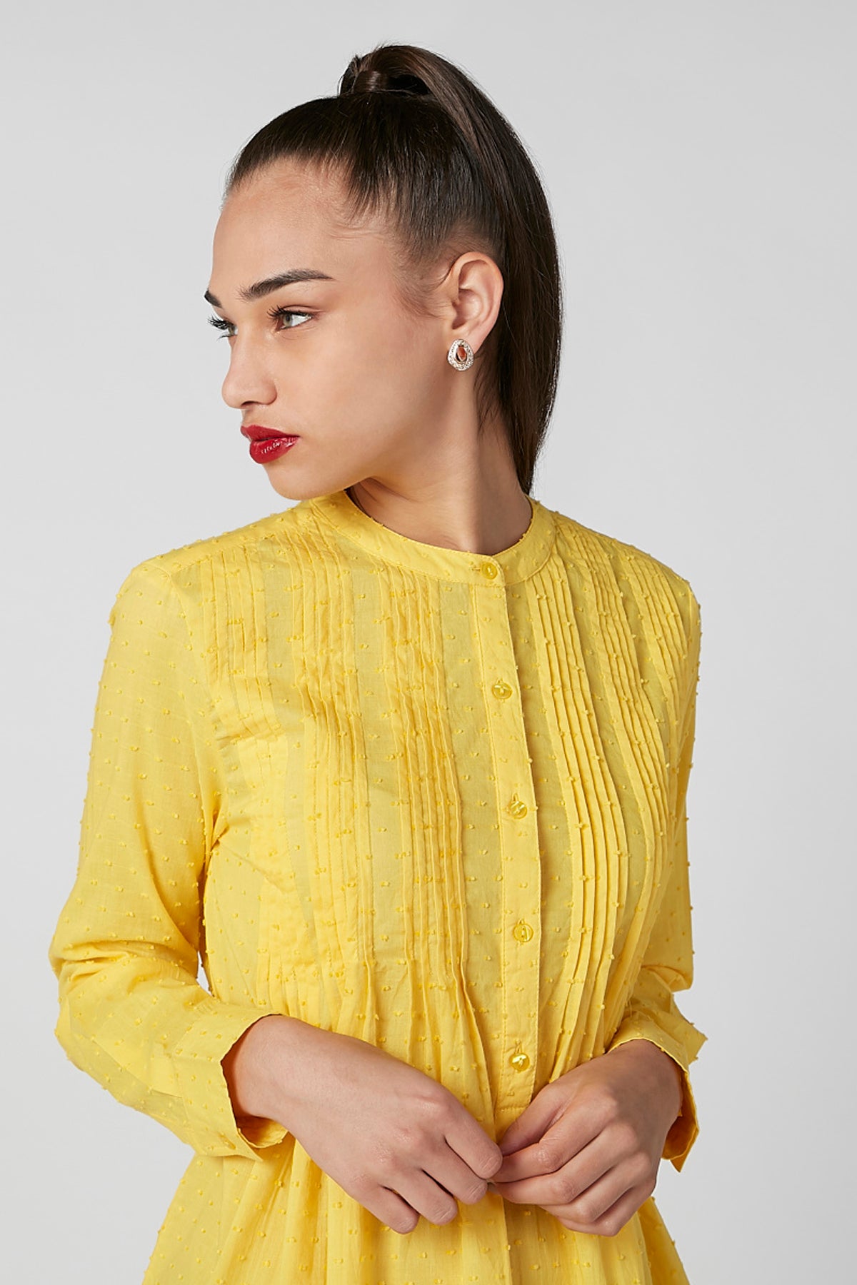 Textured Top with Mandarin Collar and Long Sleeves