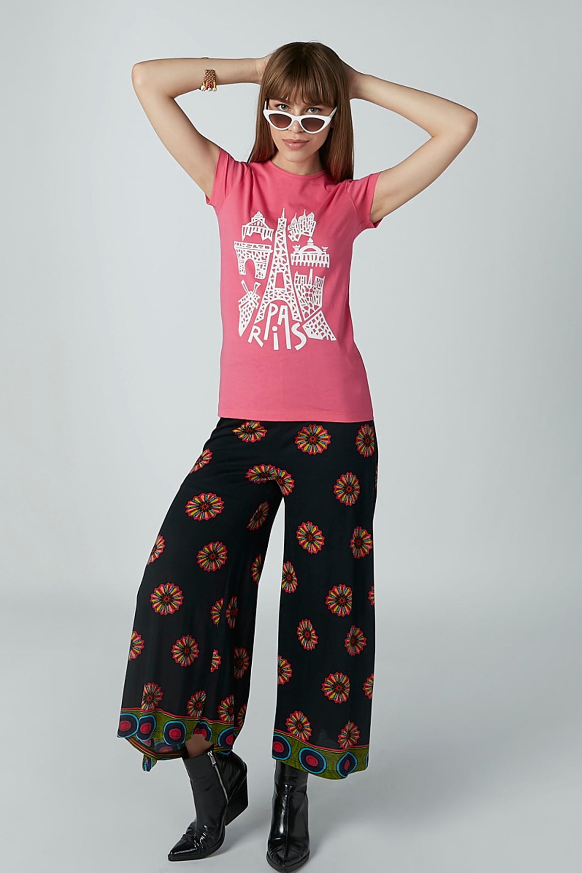 Printed T-shirt with Round Neck and Cap Sleeves