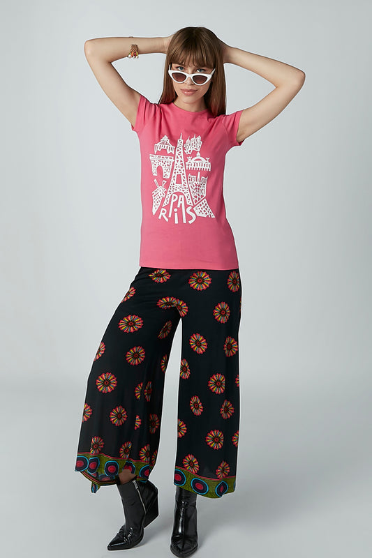 Printed T-shirt with Round Neck and Cap Sleeves