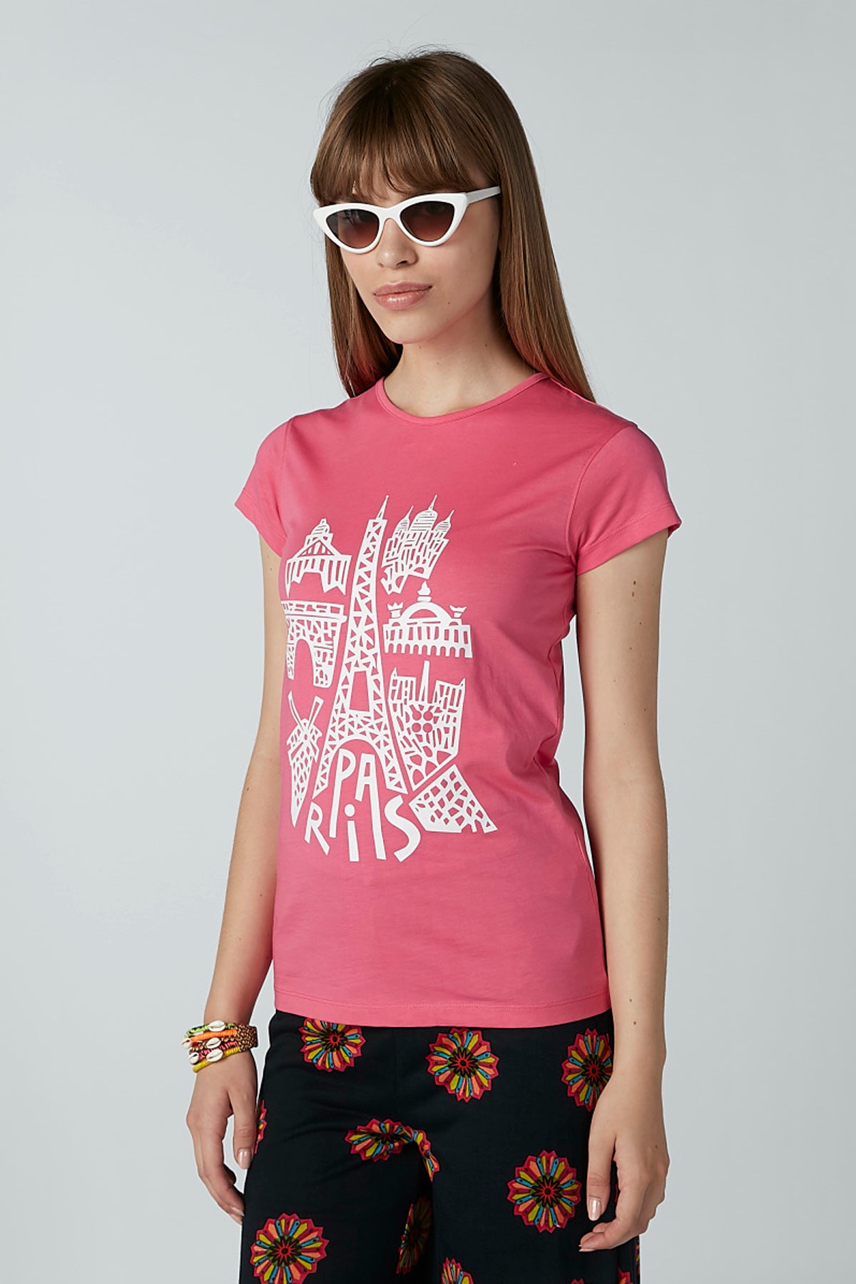 Printed T-shirt with Round Neck and Cap Sleeves