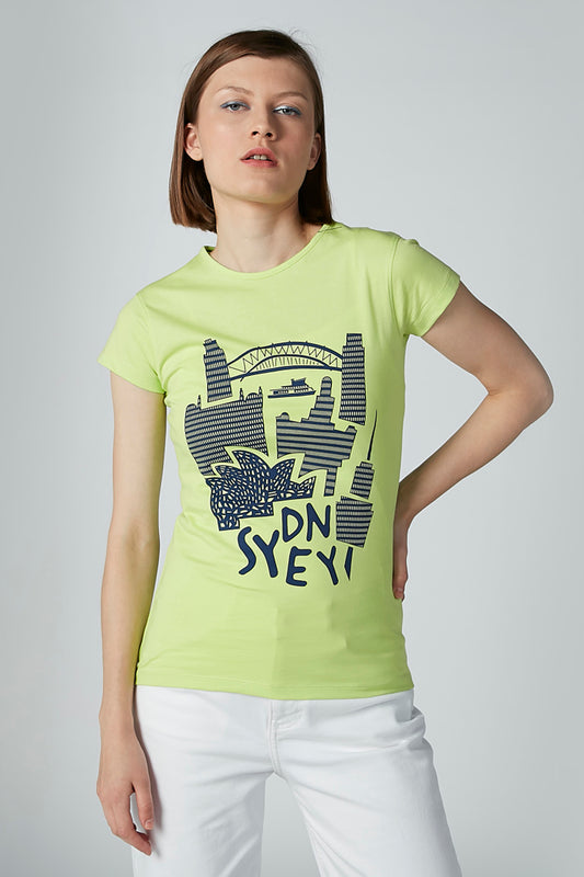 Printed T-shirt with Round Neck and Cap Sleeves