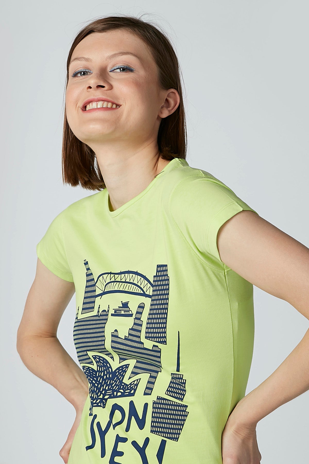 Printed T-shirt with Round Neck and Cap Sleeves