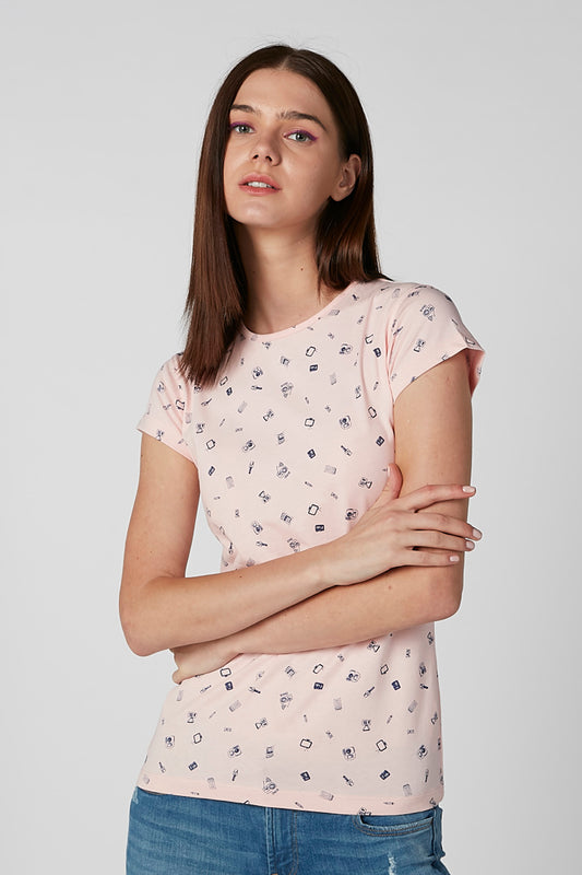 Printed T-shirt with Round Neck and Cap Sleeves