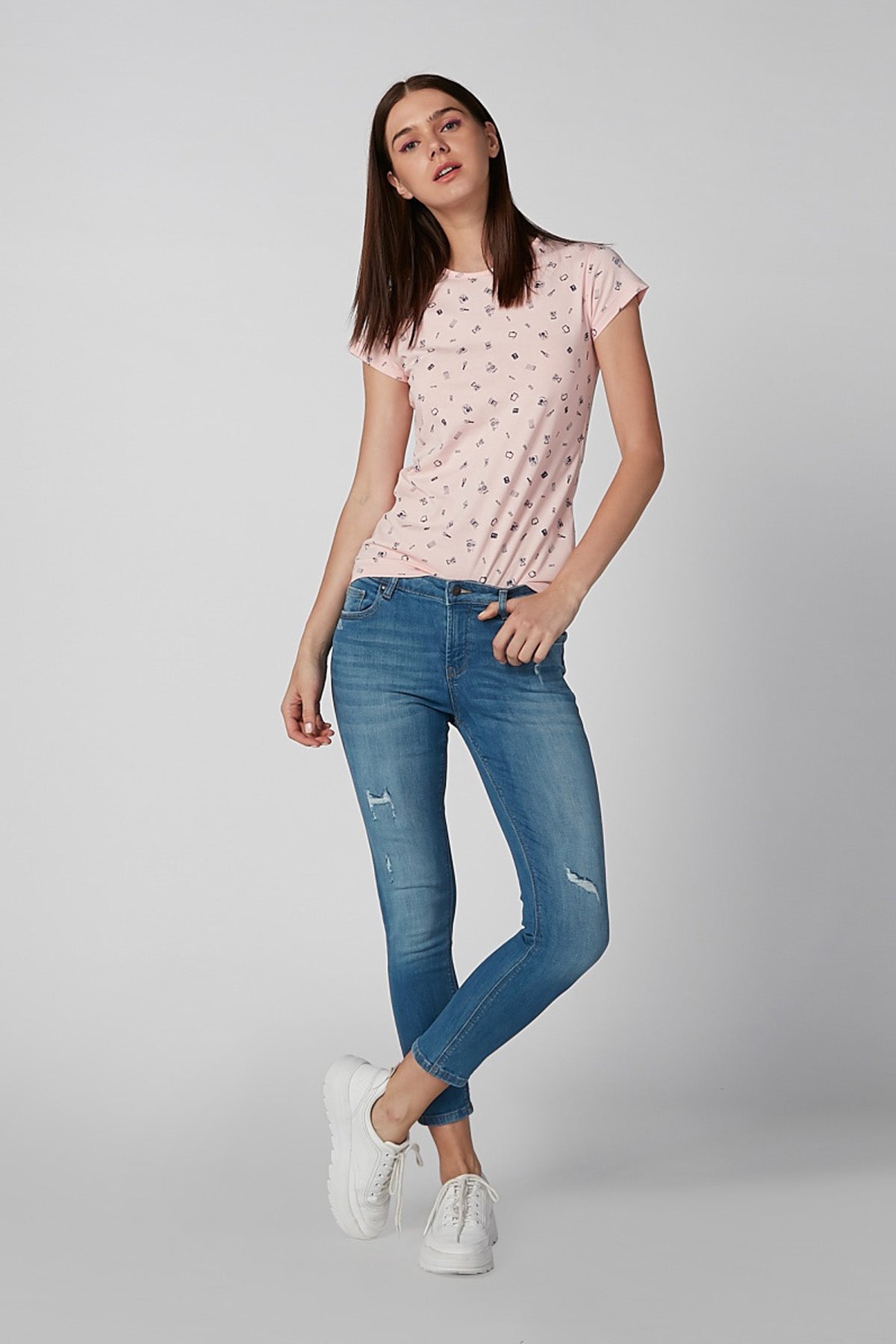 Printed T-shirt with Round Neck and Cap Sleeves
