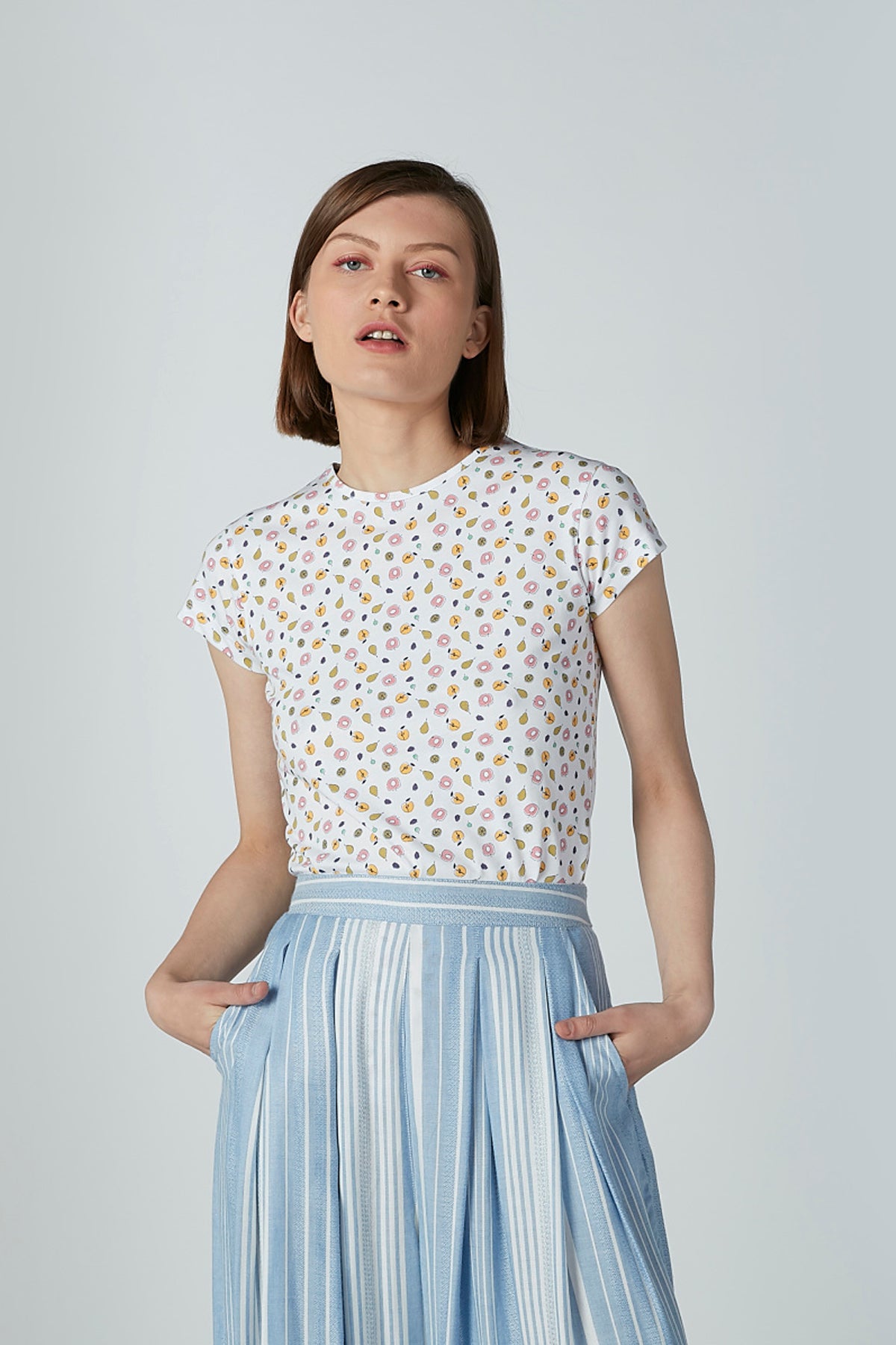 Printed T-shirt with Round Neck and Cap Sleeves