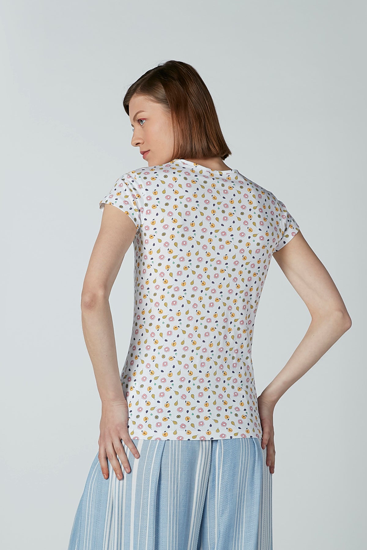 Printed T-shirt with Round Neck and Cap Sleeves