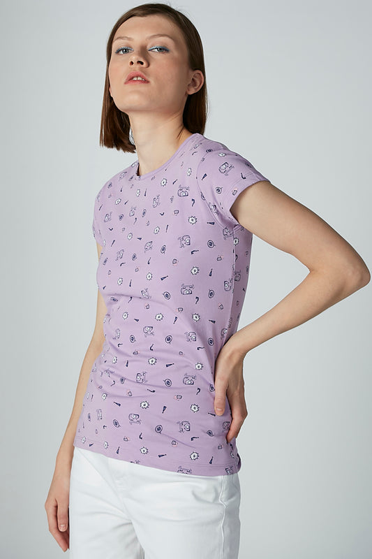 Printed T-shirt with Round Neck and Cap Sleeves