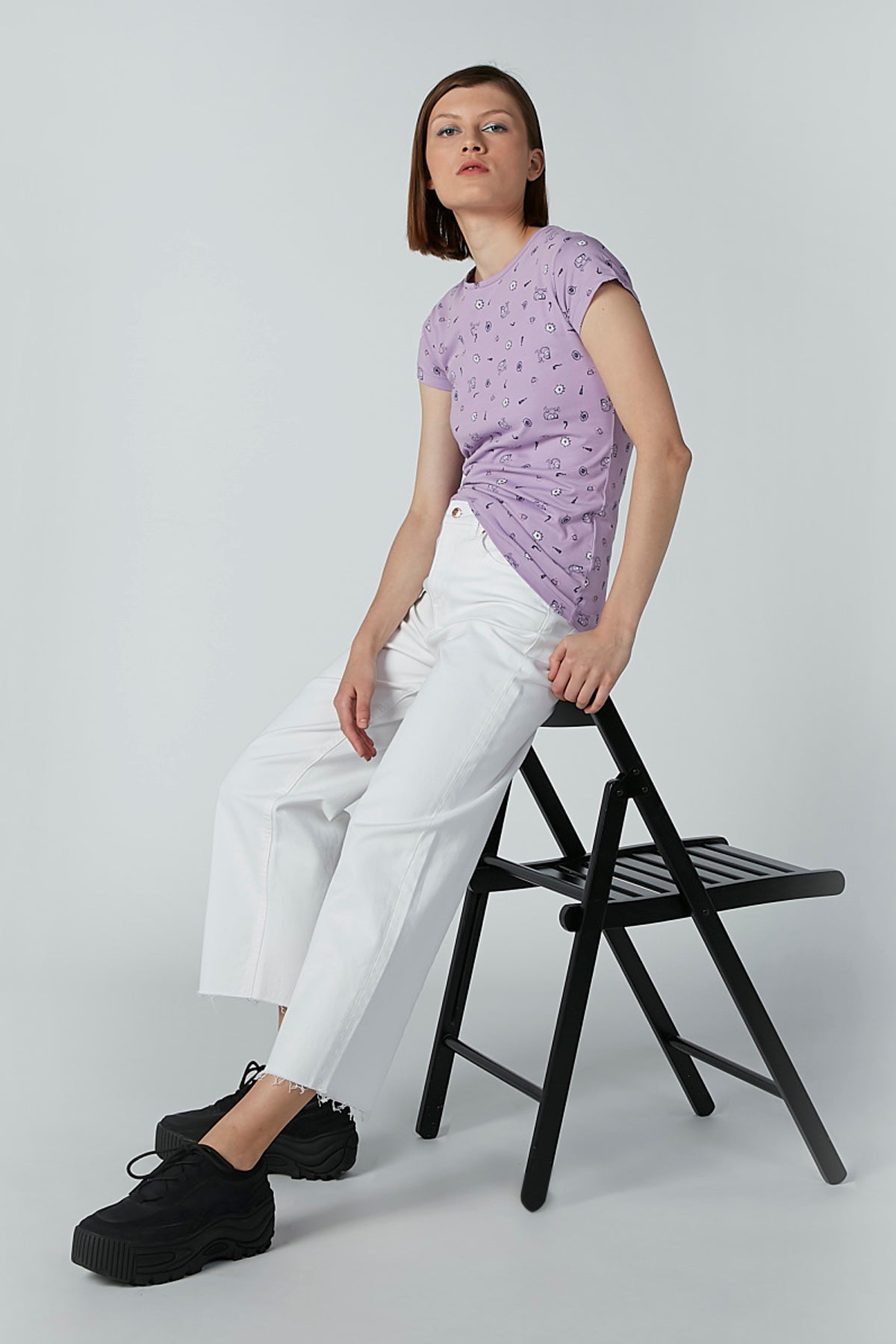 Printed T-shirt with Round Neck and Cap Sleeves