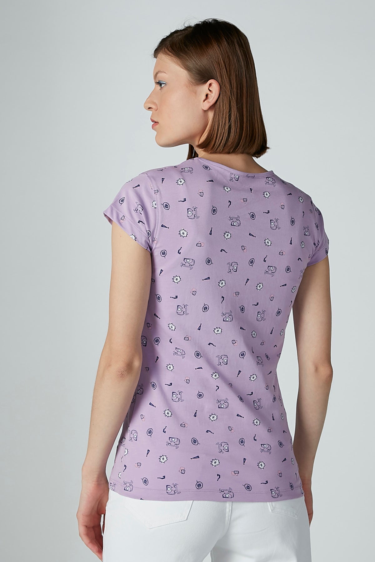 Printed T-shirt with Round Neck and Cap Sleeves