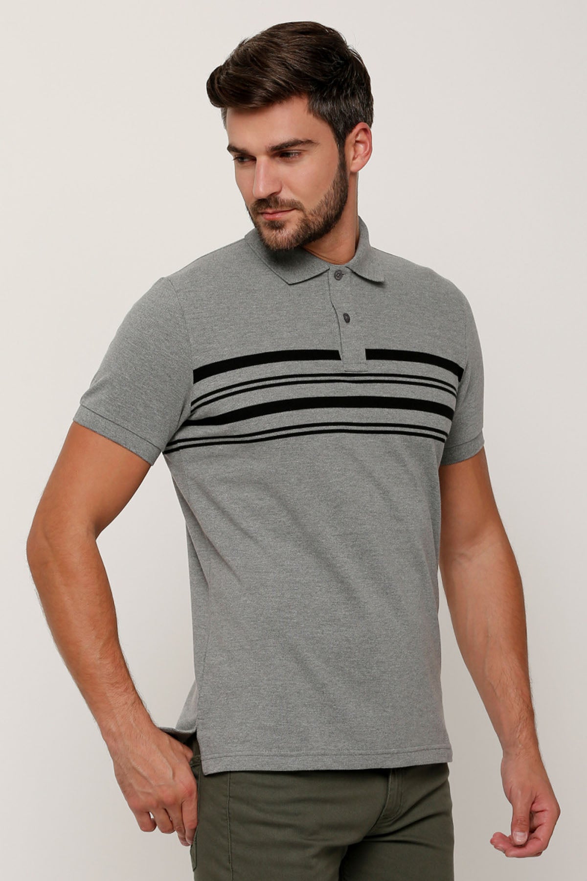 Striped T-Shirt with Polo Neck and Short Sleeves