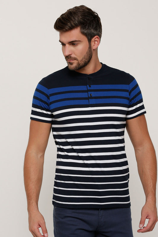 Striped T-Shirt with Henley Neck and Short Sleeves