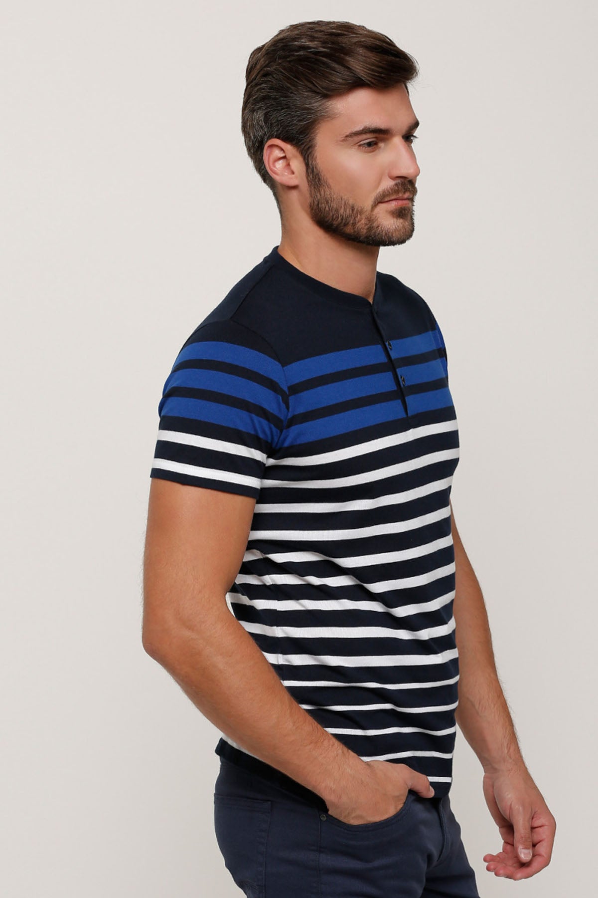 Striped T-Shirt with Henley Neck and Short Sleeves