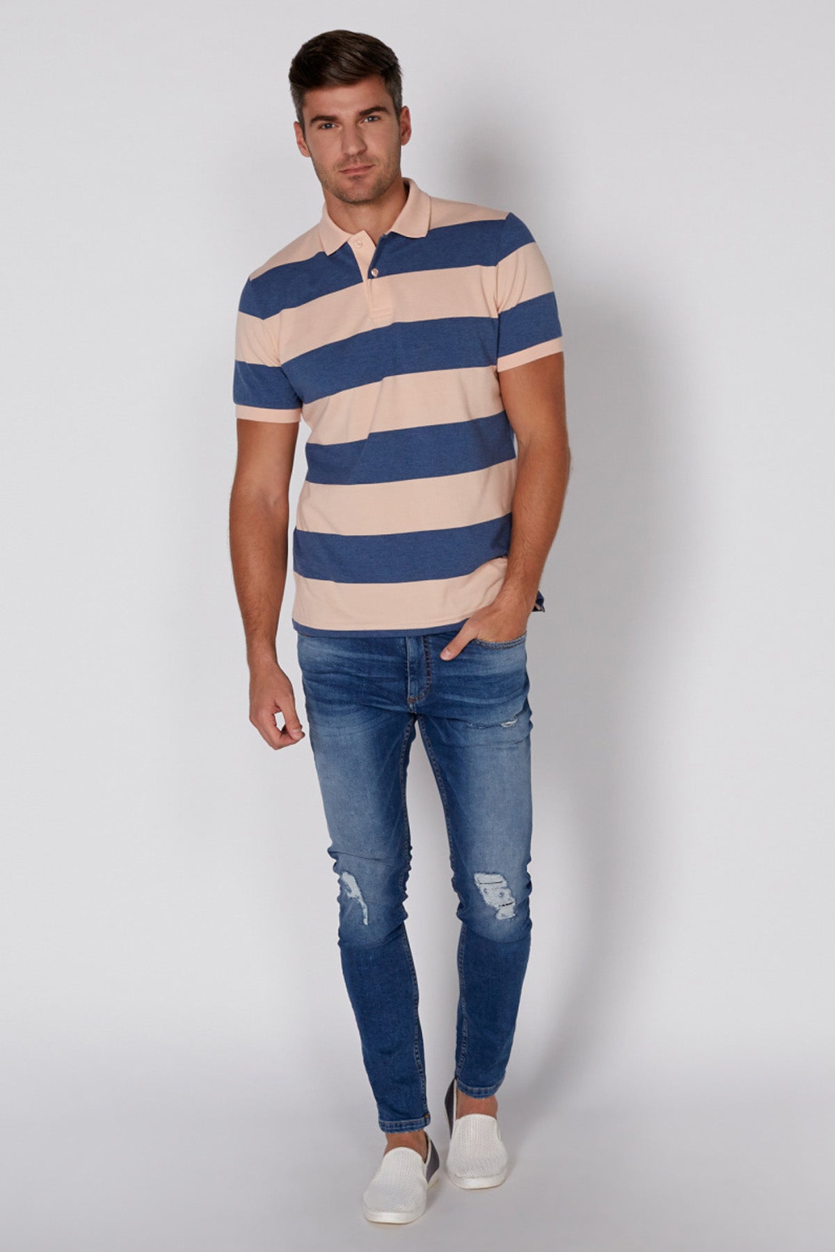 Striped T-Shirt with Polo Neck and Short Sleeves