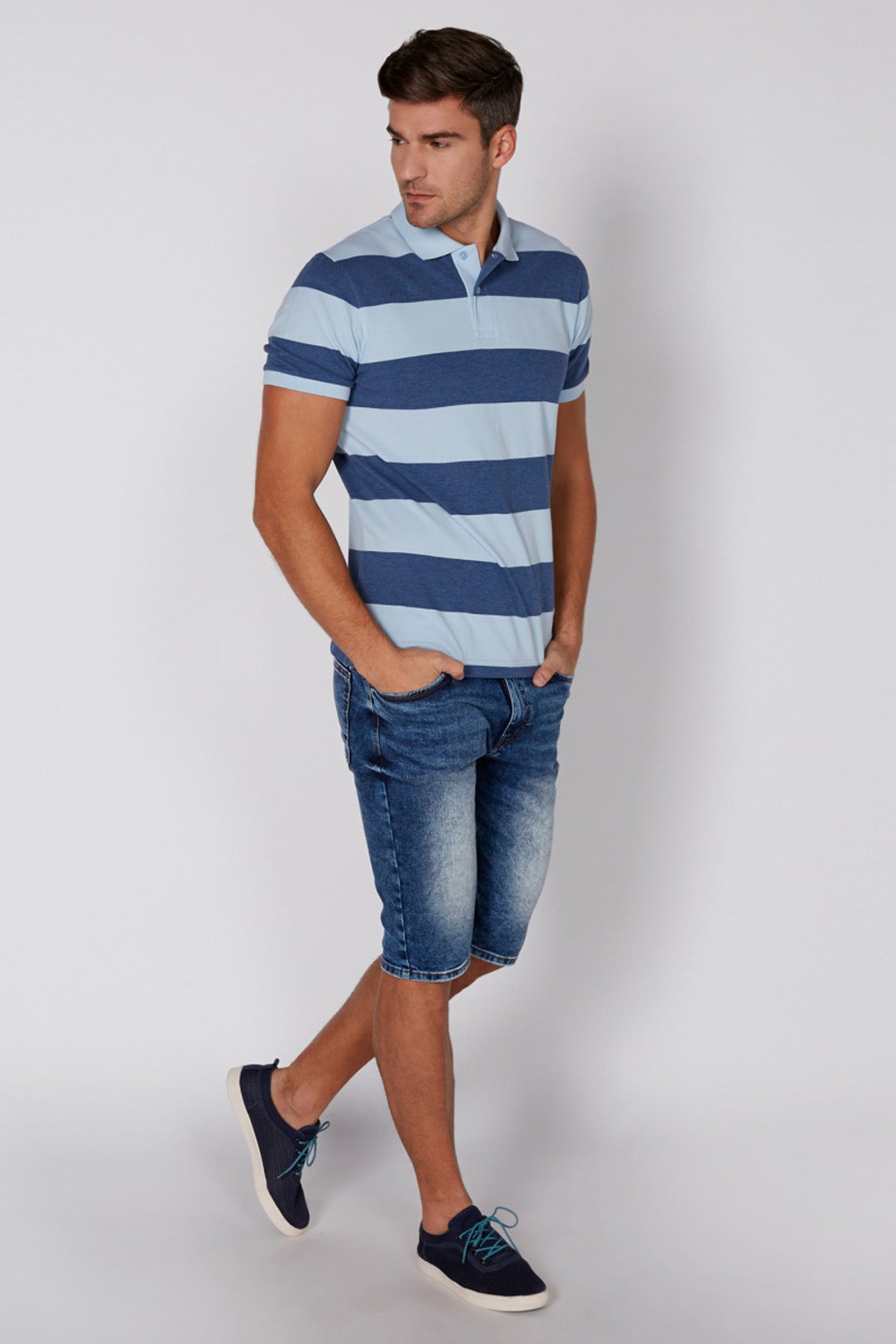 Striped T-Shirt with Polo Neck and Short Sleeves