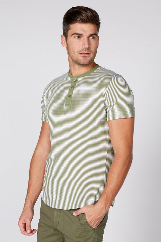 Striped Henley Neck T-Shirt with Short Sleeves