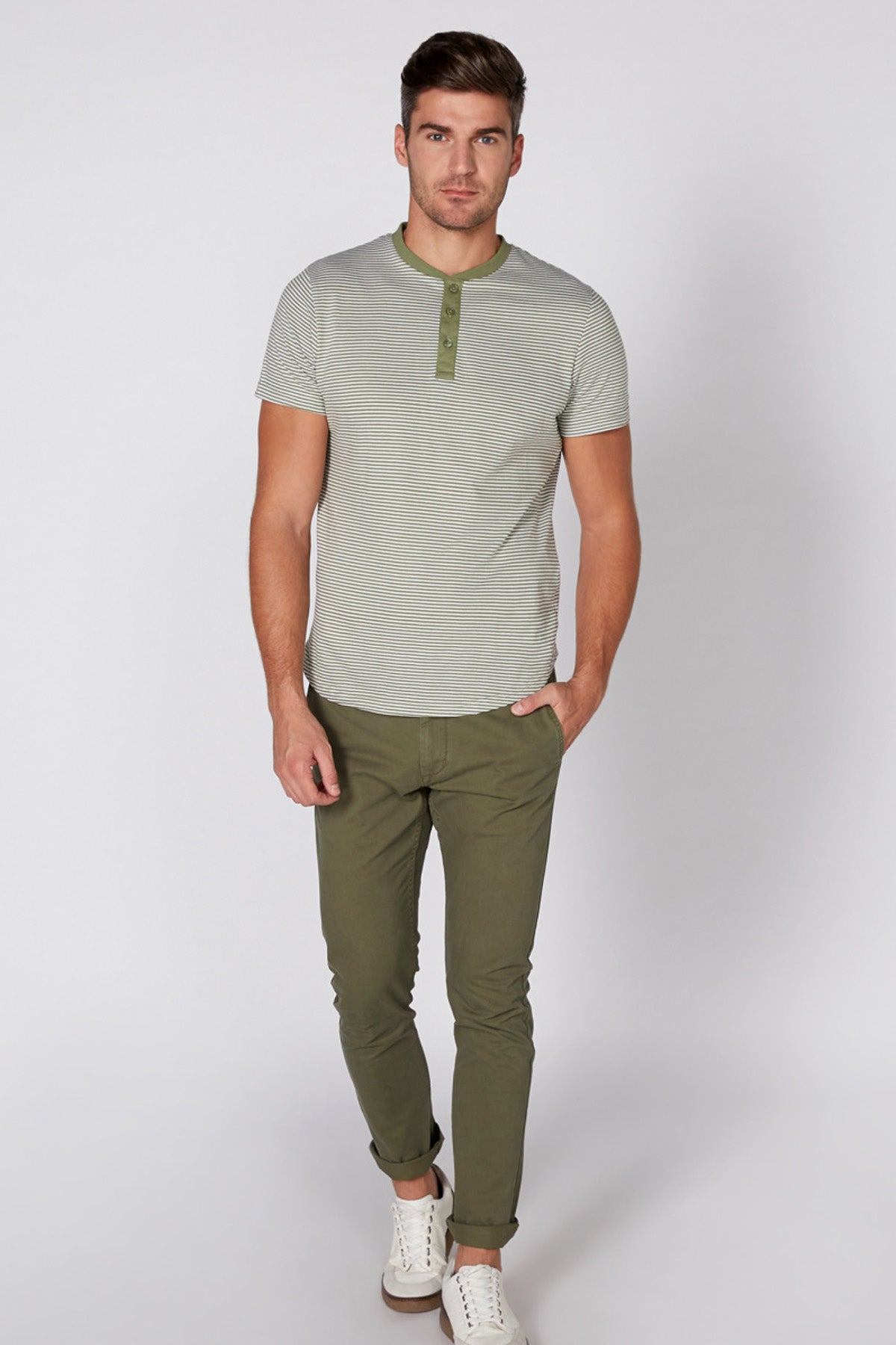 Striped Henley Neck T-Shirt with Short Sleeves