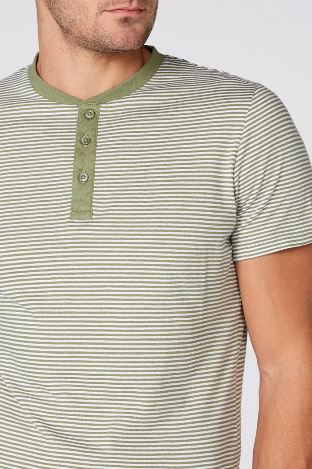 Striped Henley Neck T-Shirt with Short Sleeves