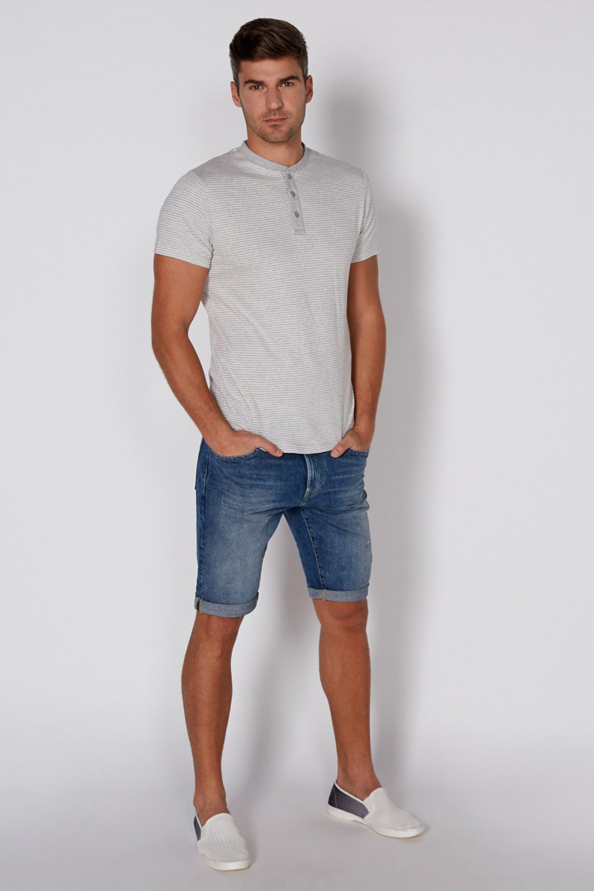Striped T-Shirt with Henley Neck and Short Sleeves