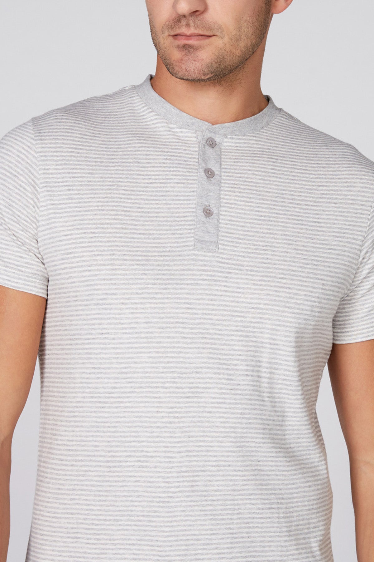 Striped T-Shirt with Henley Neck and Short Sleeves