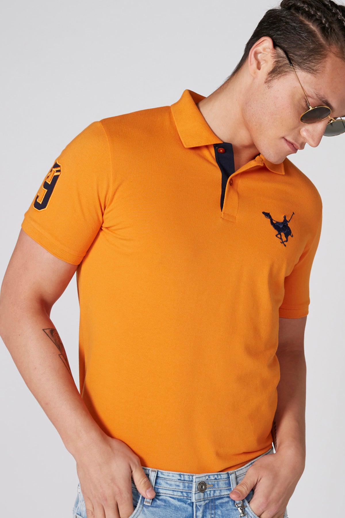 Embroidered T-Shirt with Polo Neck and Short Sleeves