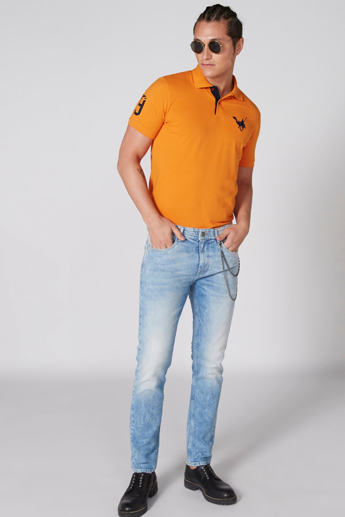 Embroidered T-Shirt with Polo Neck and Short Sleeves