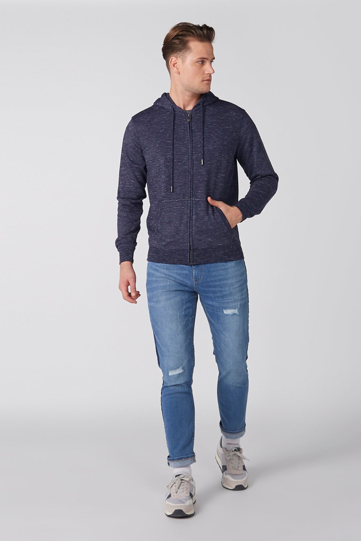 Textured Long Sleeves Jacket with Hood and Zip Closure