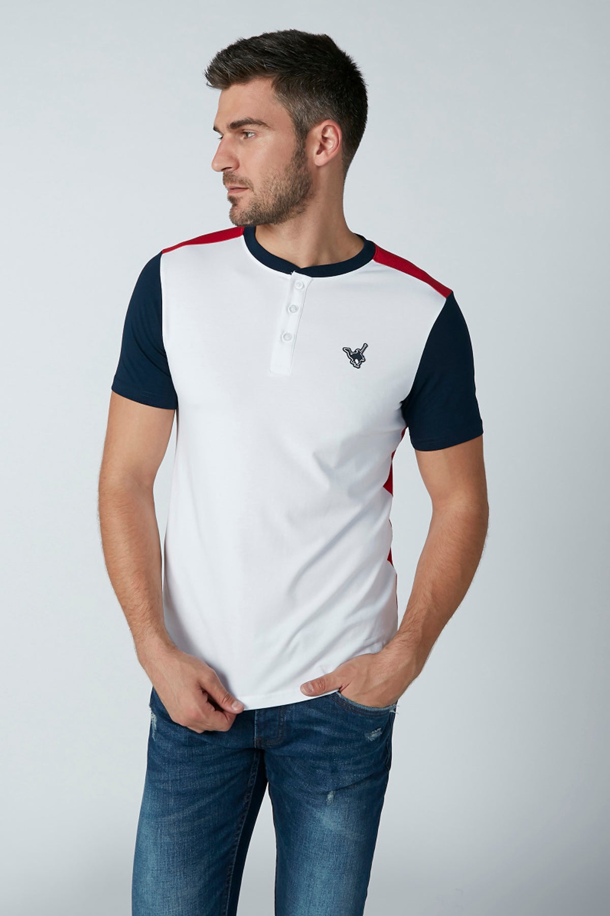 Plain T-Shirt with Henley Neck and Short Sleeves