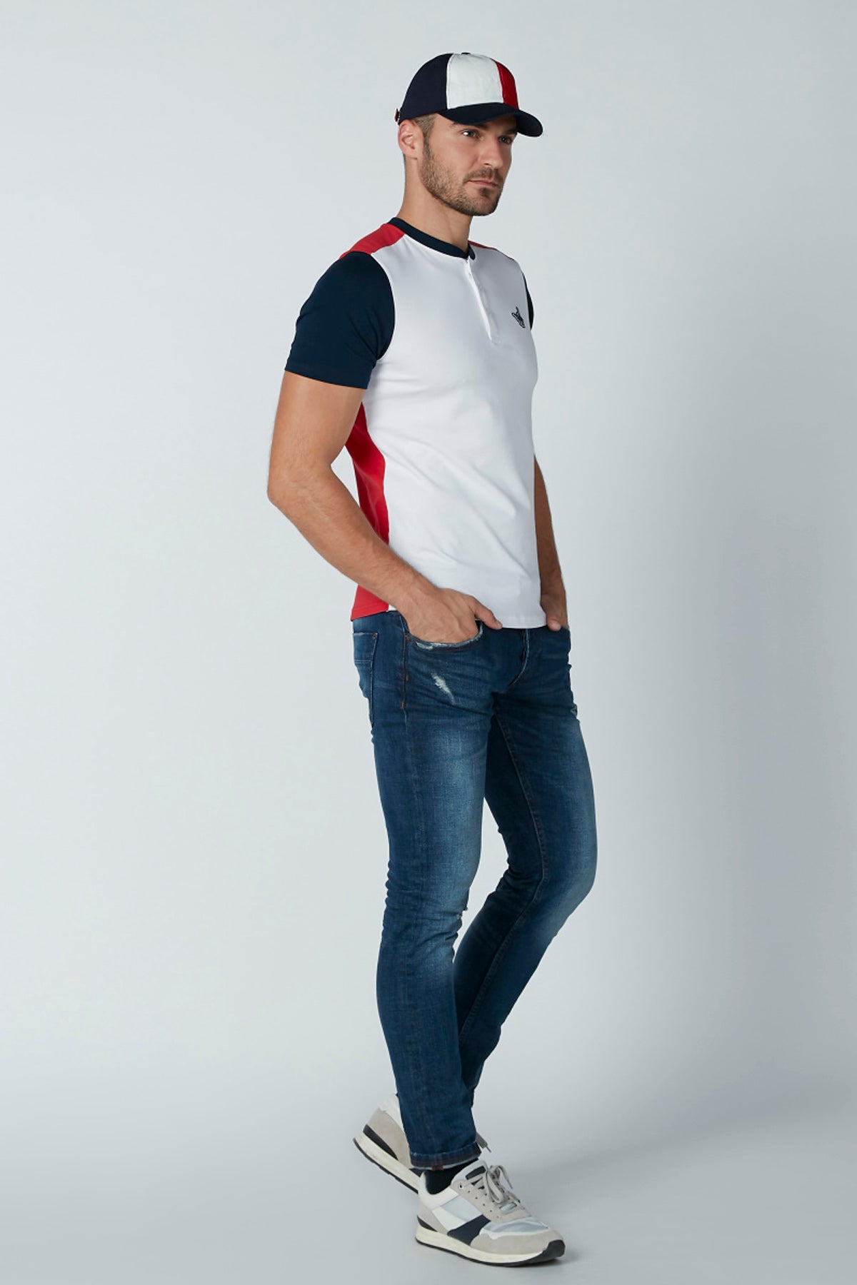 Plain T-Shirt with Henley Neck and Short Sleeves