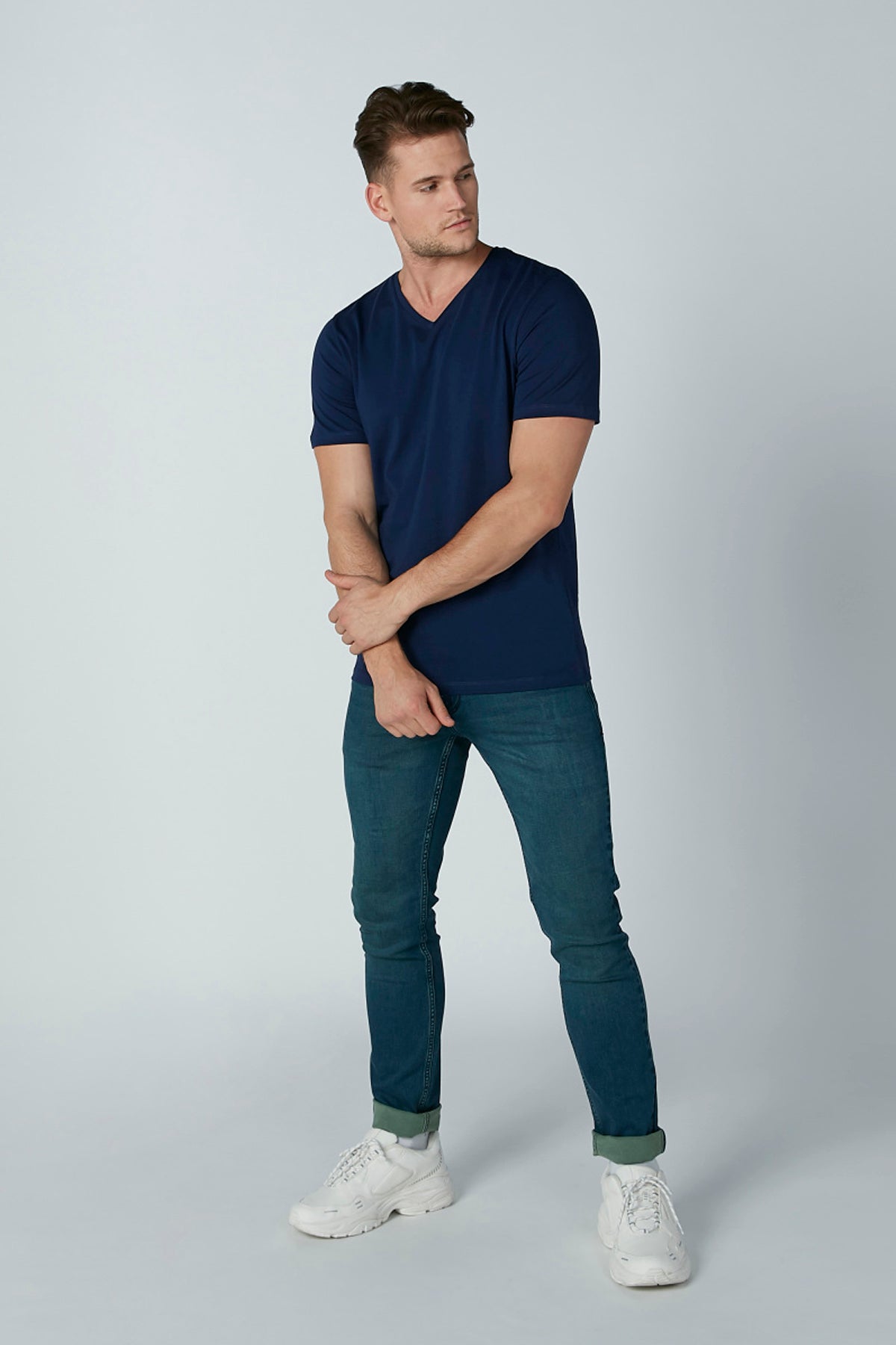 Solid T-shirt with V-neck and Short Sleeves