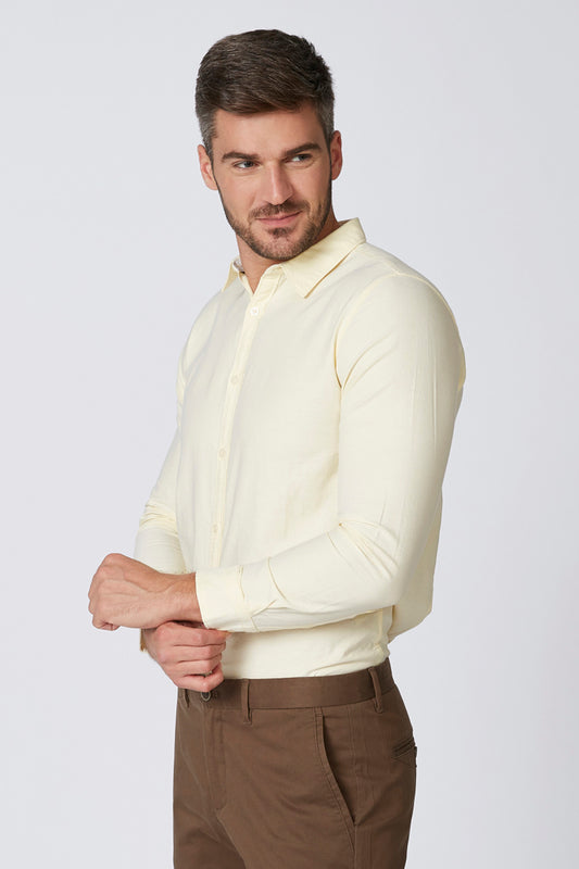Plain Shirt with Spread Collar and Long Sleeves