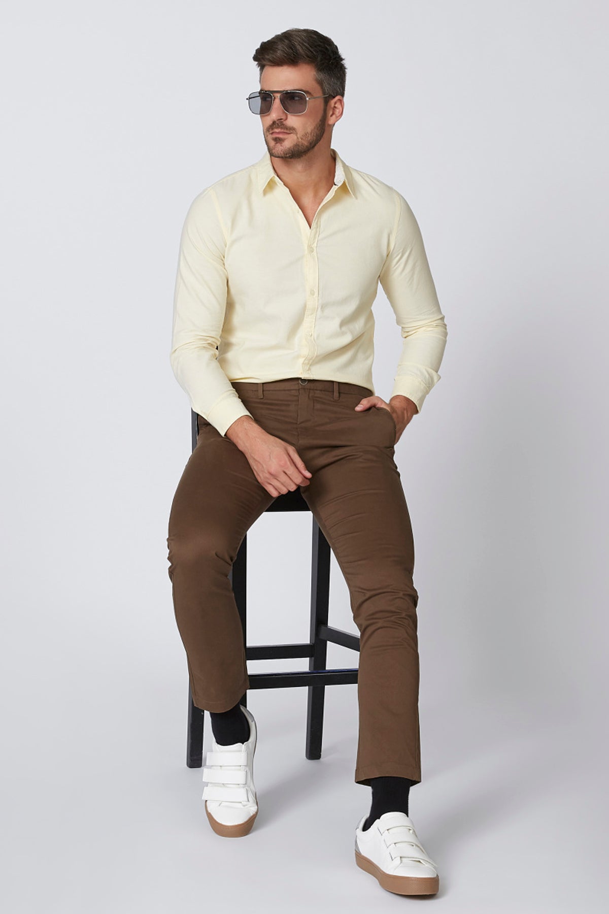 Plain Shirt with Spread Collar and Long Sleeves