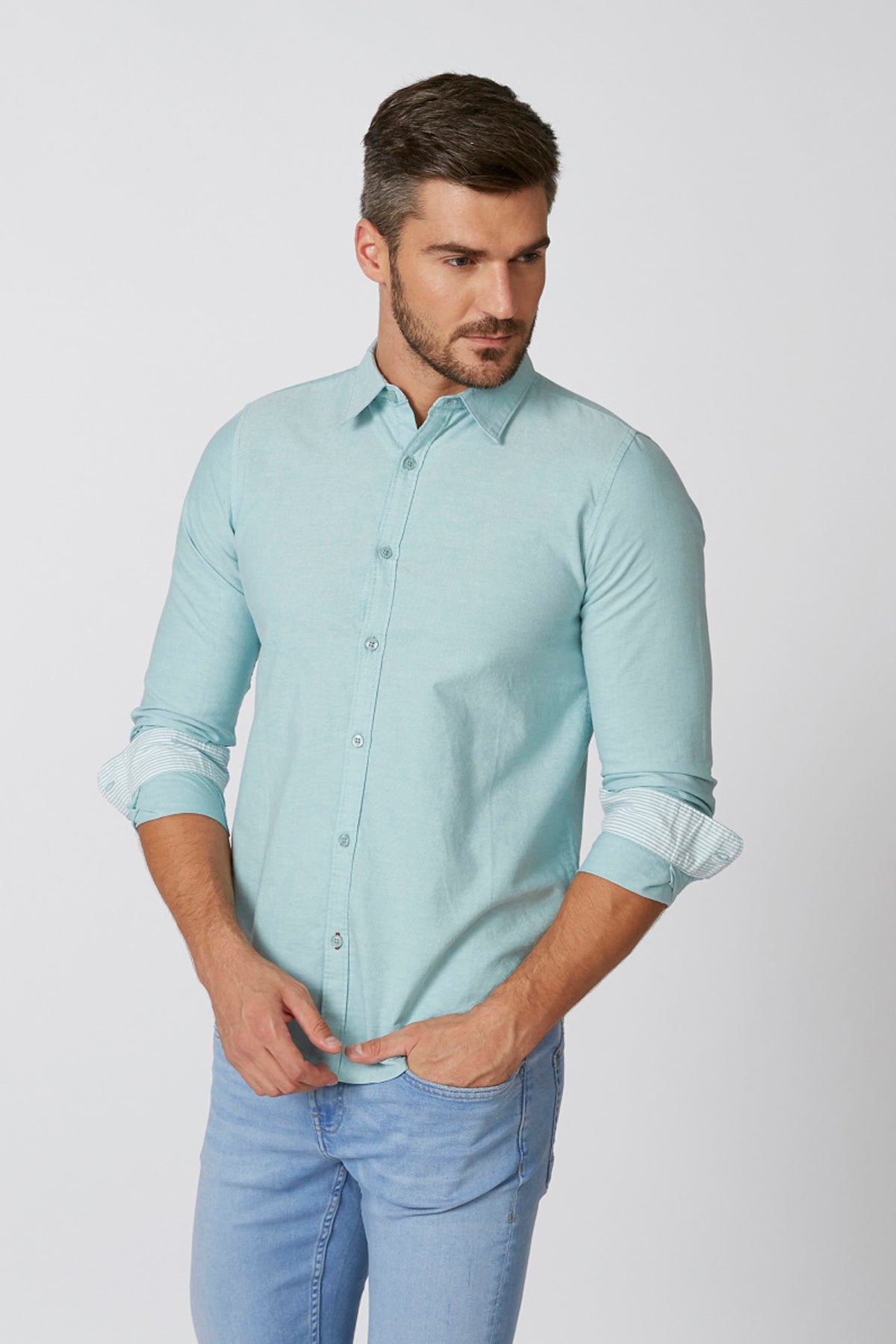 Plain Shirt with Spread Collar and Long Sleeves