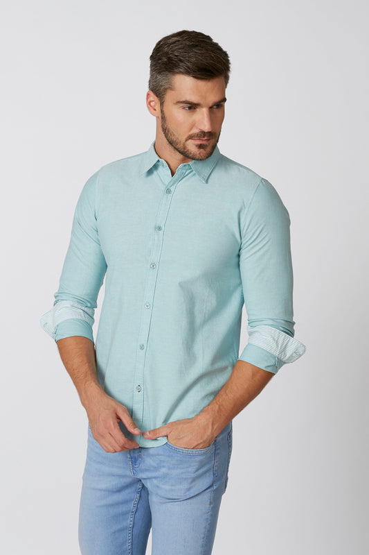 Plain Shirt with Spread Collar and Long Sleeves