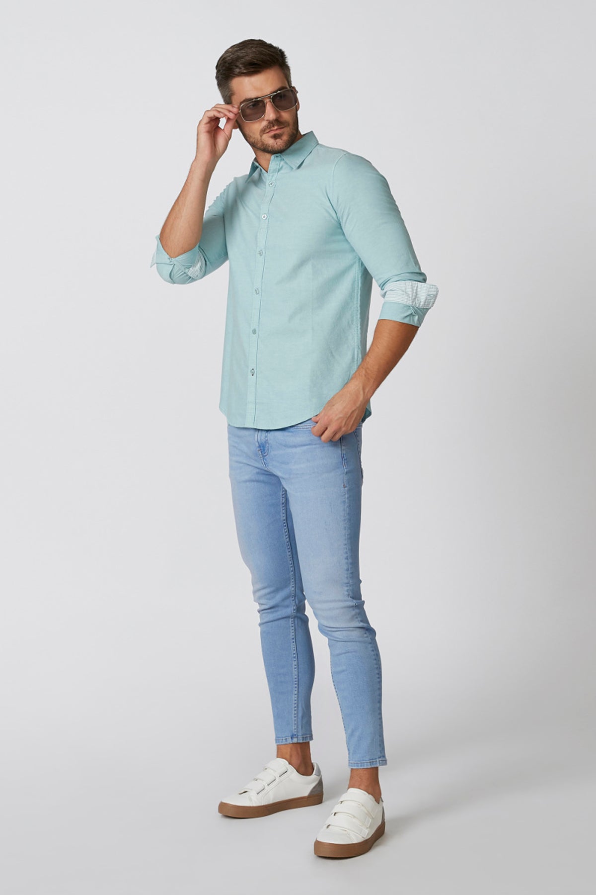 Plain Shirt with Spread Collar and Long Sleeves