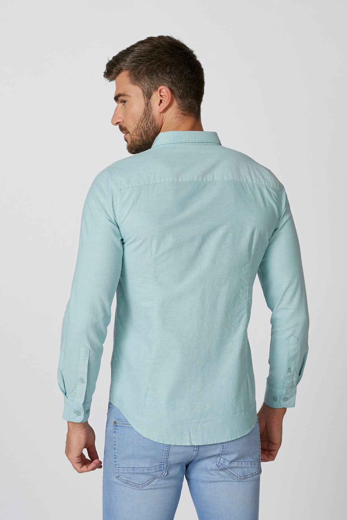 Plain Shirt with Spread Collar and Long Sleeves