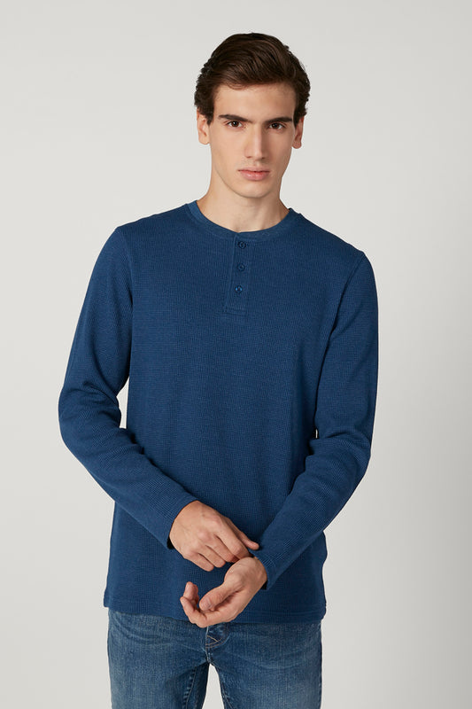 Textured Henley Neck T-shirt with Long Sleeves