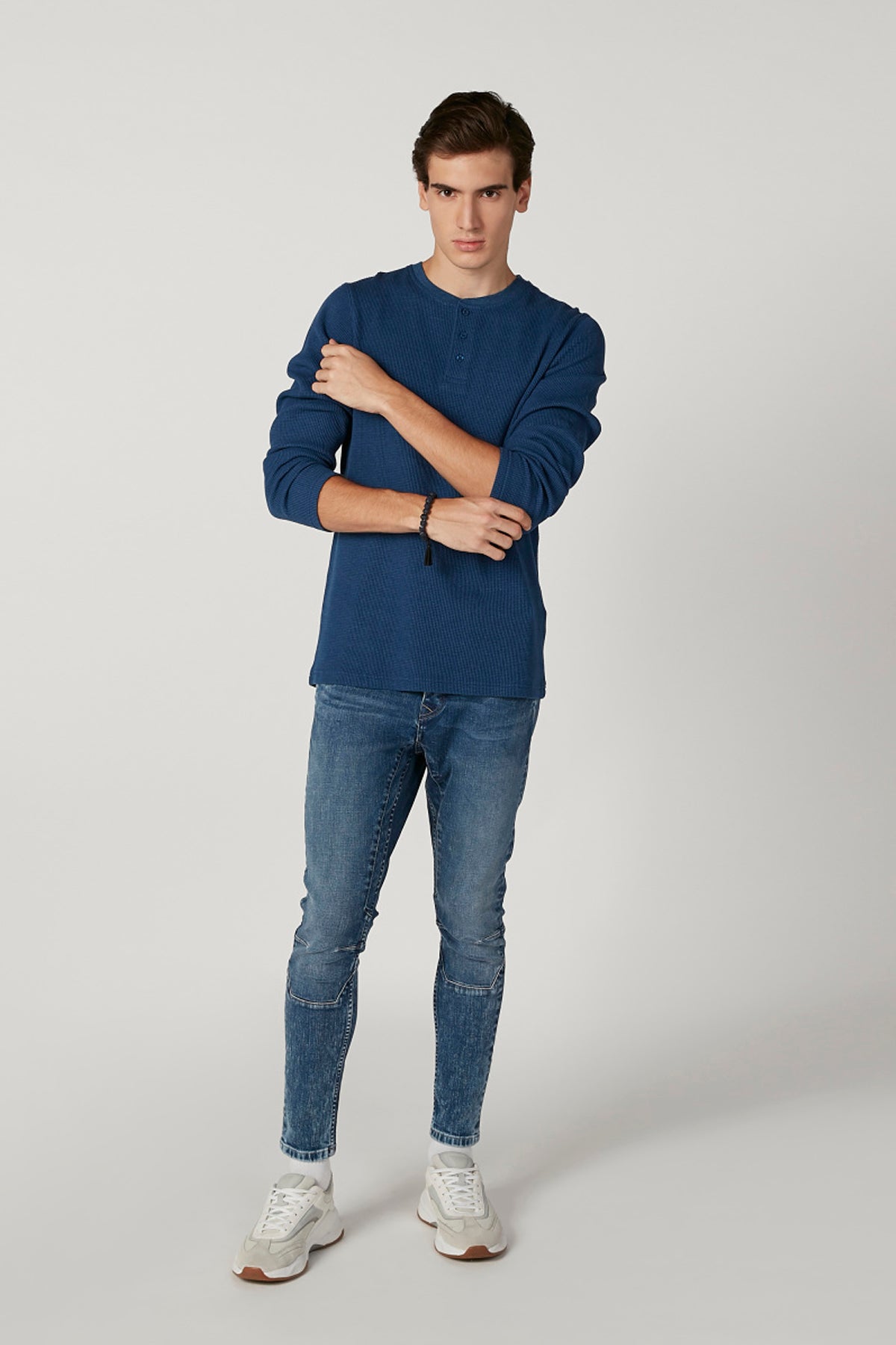 Textured Henley Neck T-shirt with Long Sleeves